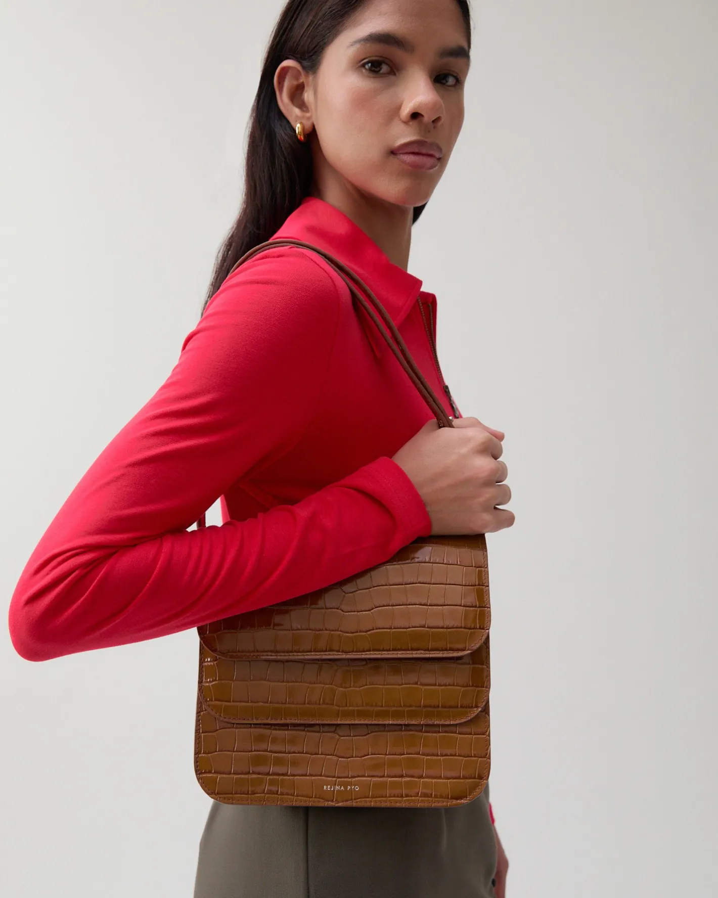 Hot Ana Bag Leather Emboss Croc Caramel Everyday