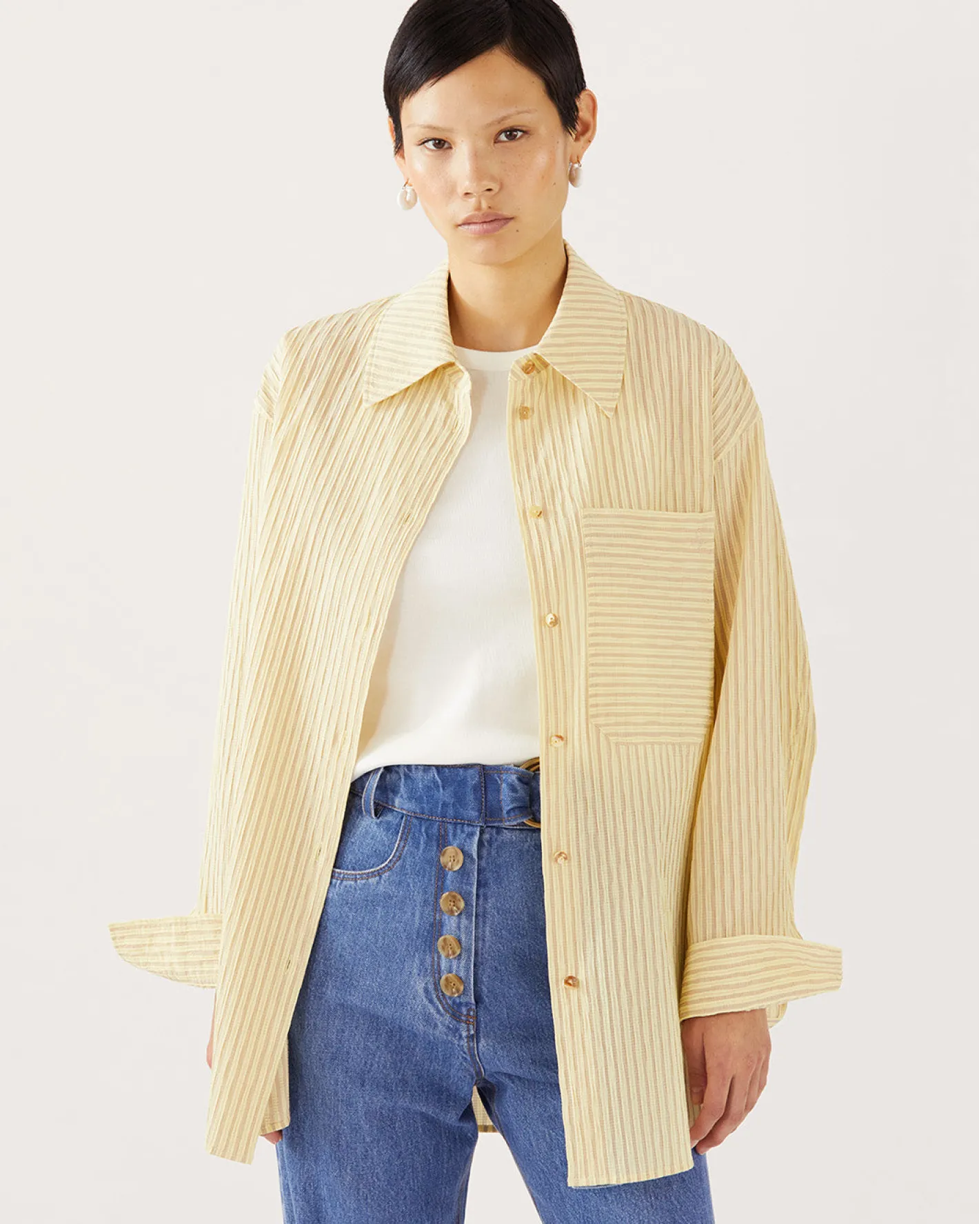 Sale Caprice Shirt Cotton Seersucker Stripe Yellow Shirts & Blouses | Clothing