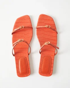 Sale Clara Sandals Leather Emboss Croc Orange Flats
