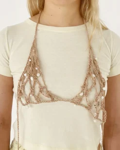 New Crochet Bra Organic Cotton Tan with Faux Pearls Knitwear | Clothing