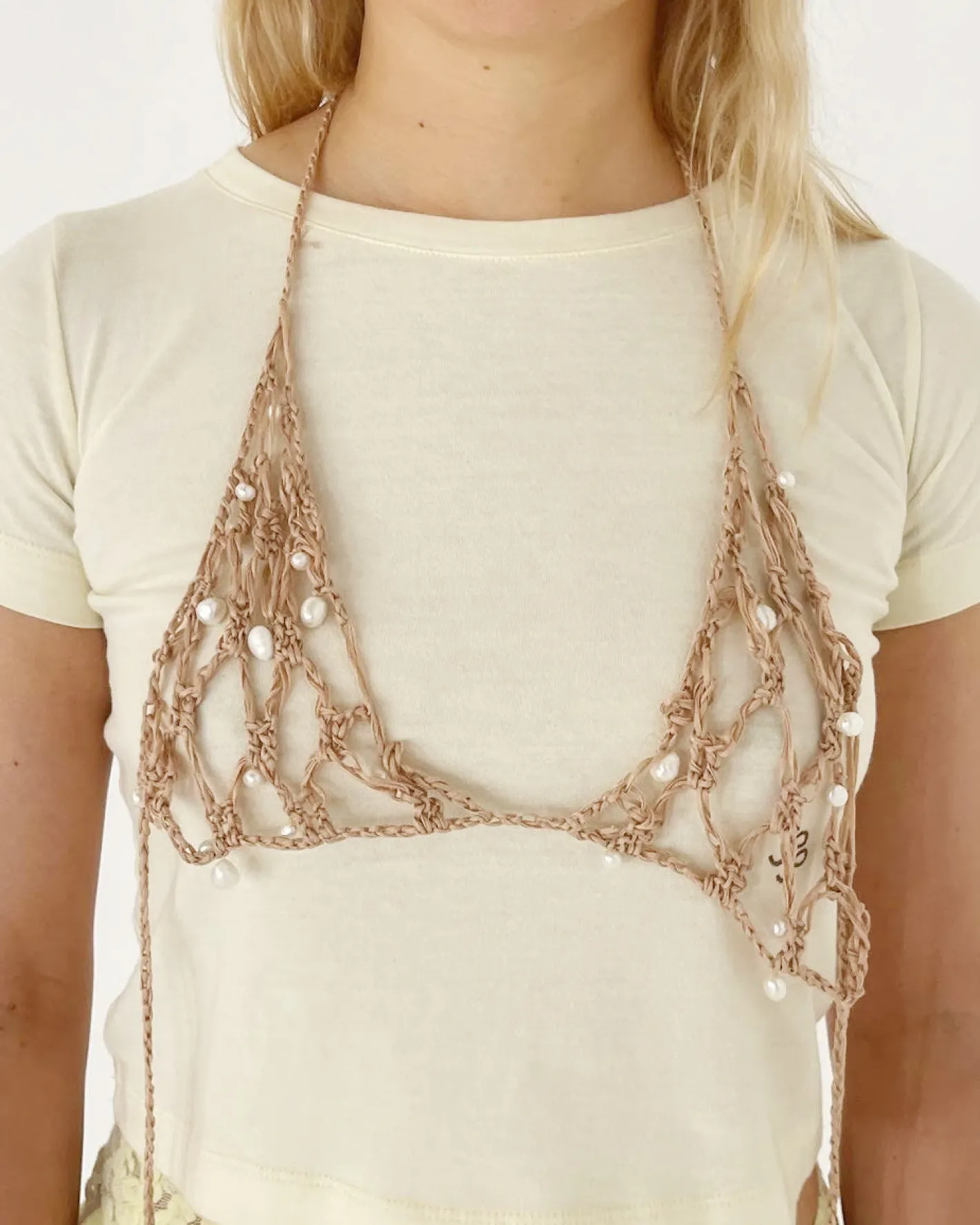 New Crochet Bra Organic Cotton Tan with Faux Pearls Knitwear | Clothing