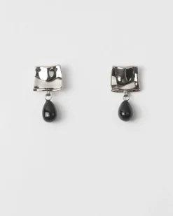 Outlet Folded Drop Earrings Silver Plated with Black Onyx Earrings