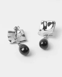 Outlet Folded Drop Earrings Silver Plated with Black Onyx Earrings