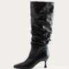 Fashion Slouchy Knee High Boot Leather Crinkle Shiny Black Boots