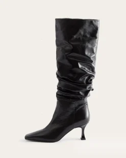 Fashion Slouchy Knee High Boot Leather Crinkle Shiny Black Boots