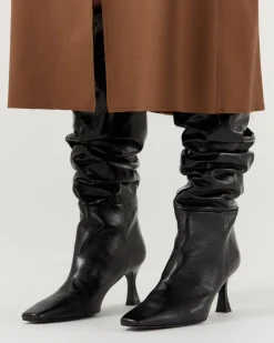 Fashion Slouchy Knee High Boot Leather Crinkle Shiny Black Boots