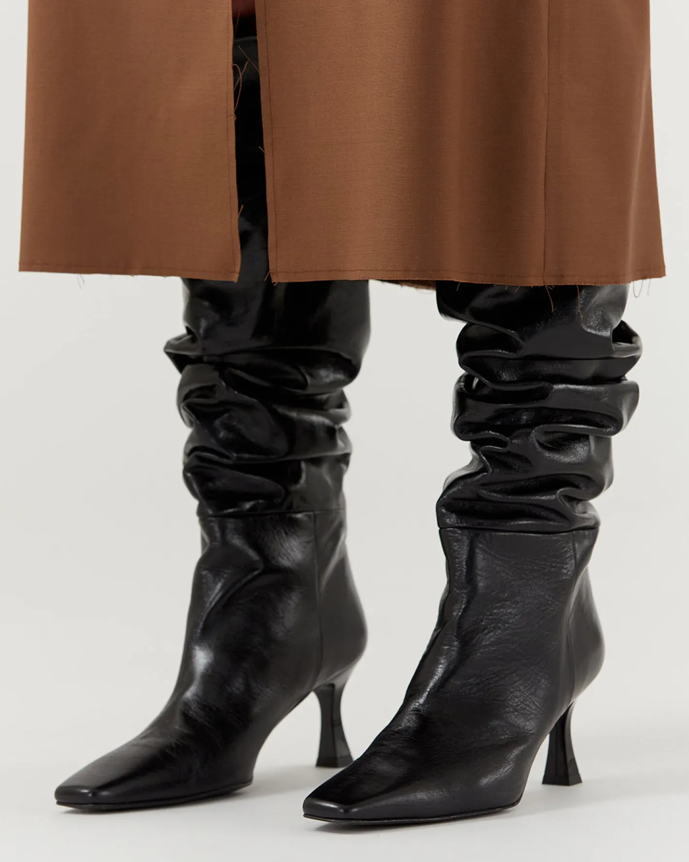 Fashion Slouchy Knee High Boot Leather Crinkle Shiny Black Boots