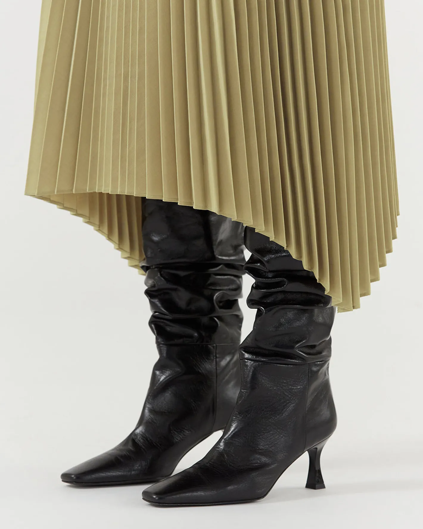 Fashion Slouchy Knee High Boot Leather Crinkle Shiny Black Boots