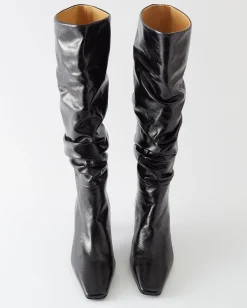 Fashion Slouchy Knee High Boot Leather Crinkle Shiny Black Boots
