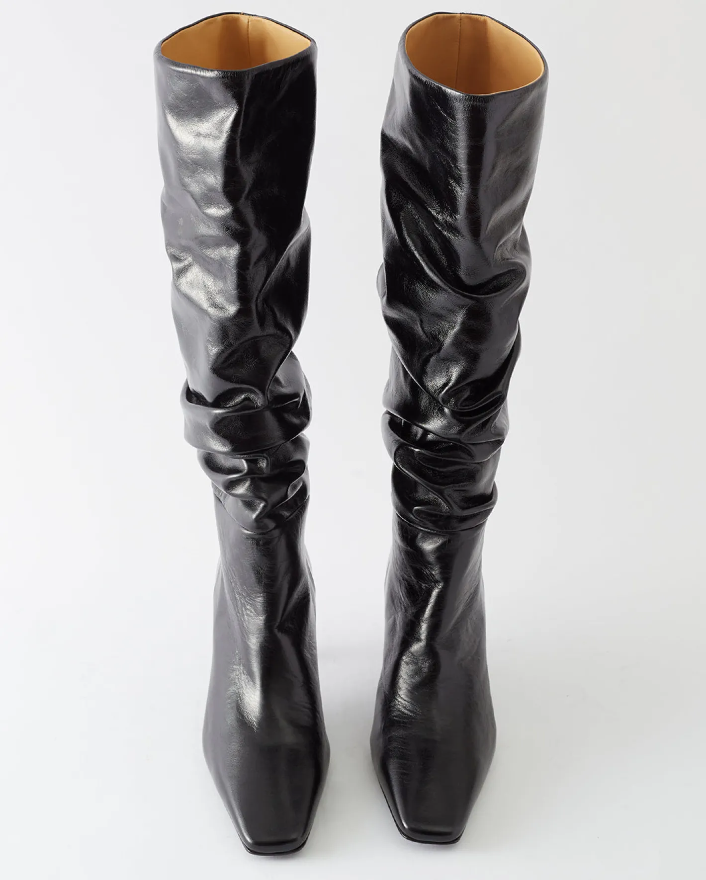Fashion Slouchy Knee High Boot Leather Crinkle Shiny Black Boots