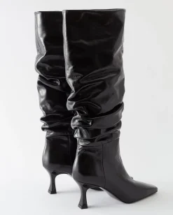Fashion Slouchy Knee High Boot Leather Crinkle Shiny Black Boots