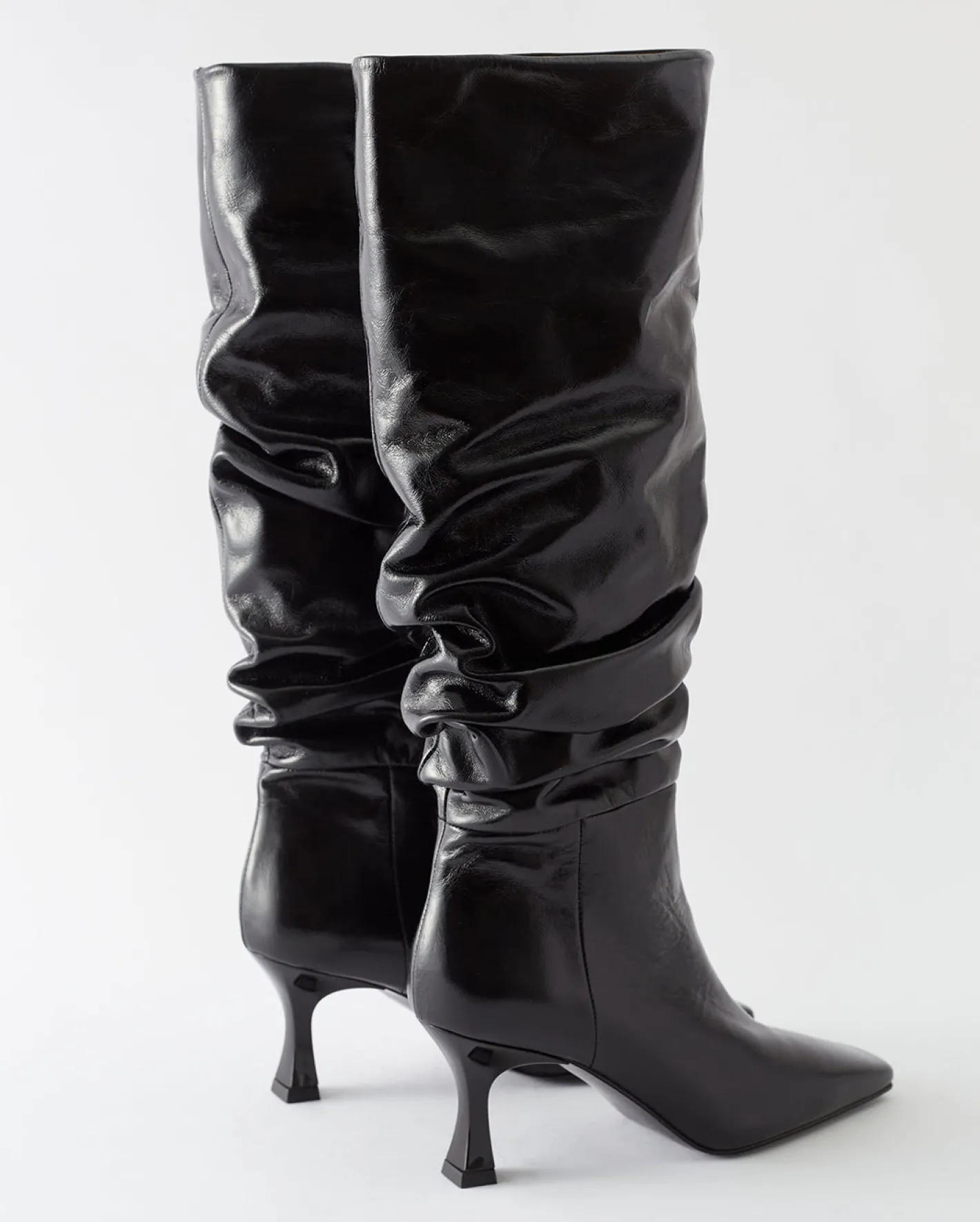 Fashion Slouchy Knee High Boot Leather Crinkle Shiny Black Boots