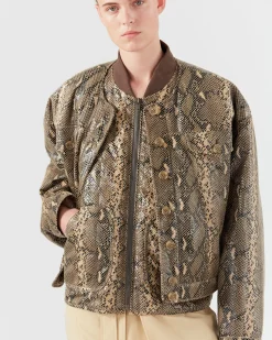 Hot Wells Bomber Jacket Faux Leather Snake Effect Beige Jackets | Jackets