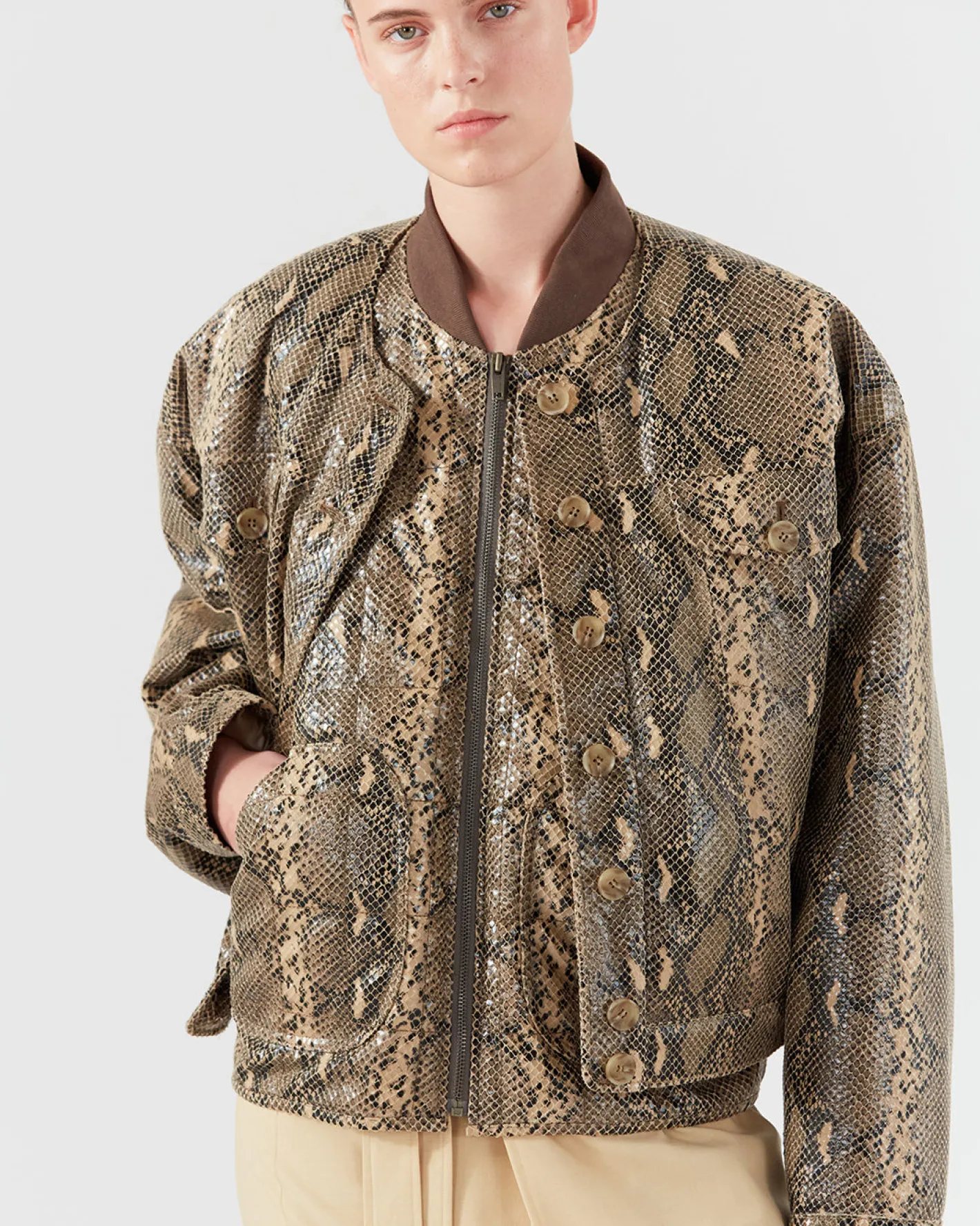 Hot Wells Bomber Jacket Faux Leather Snake Effect Beige Jackets | Jackets