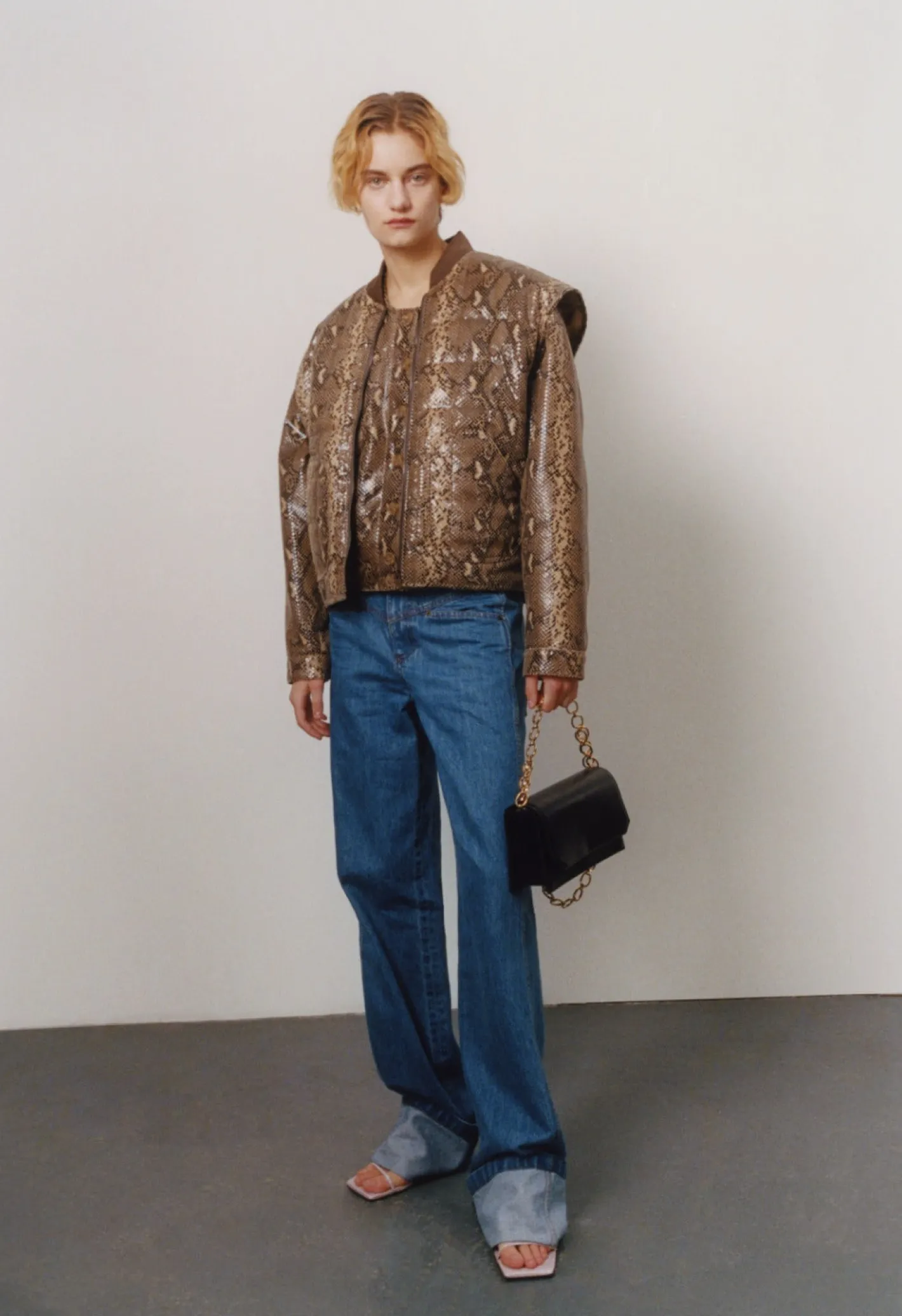 Hot Wells Bomber Jacket Faux Leather Snake Effect Beige Jackets | Jackets