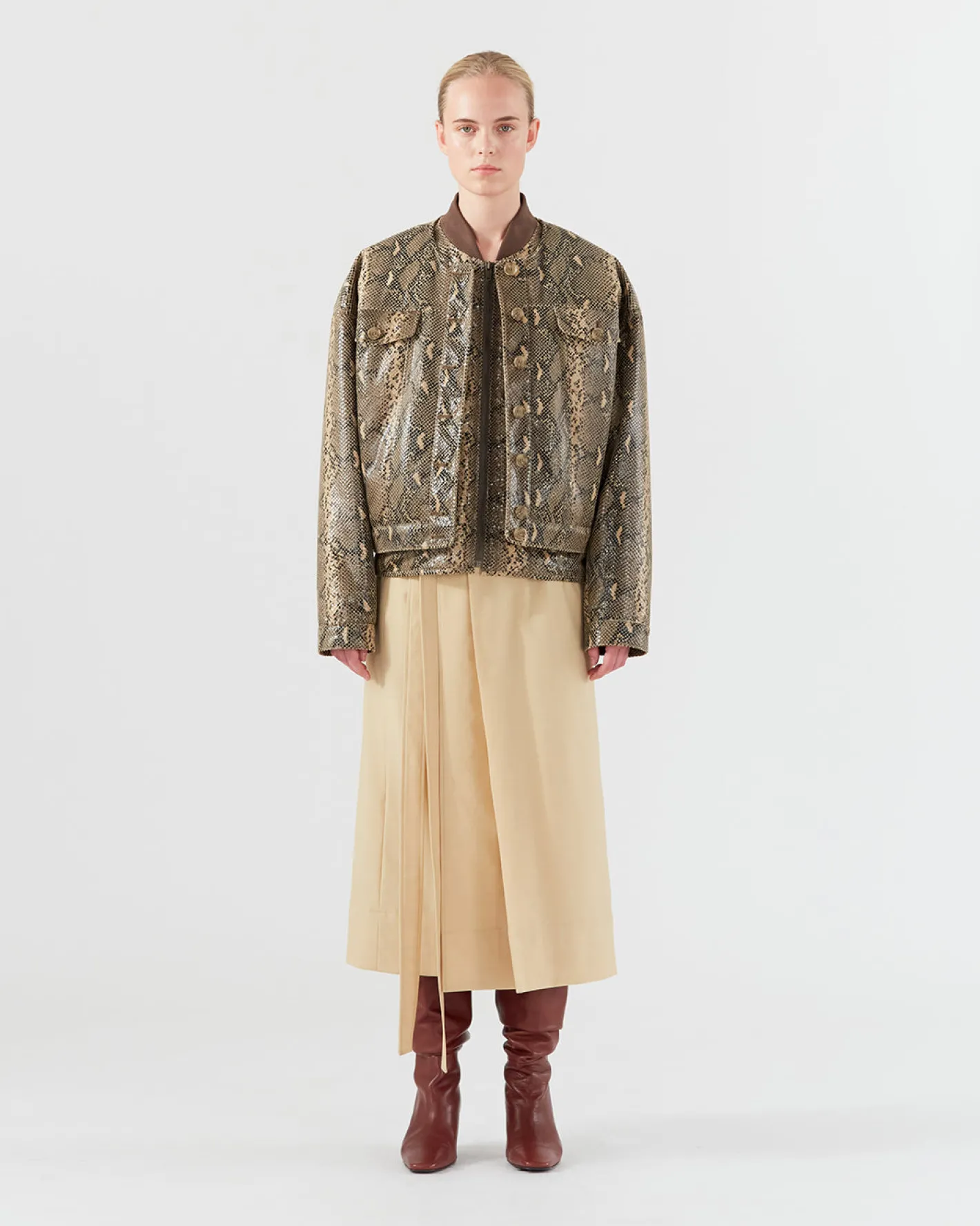 Hot Wells Bomber Jacket Faux Leather Snake Effect Beige Jackets | Jackets