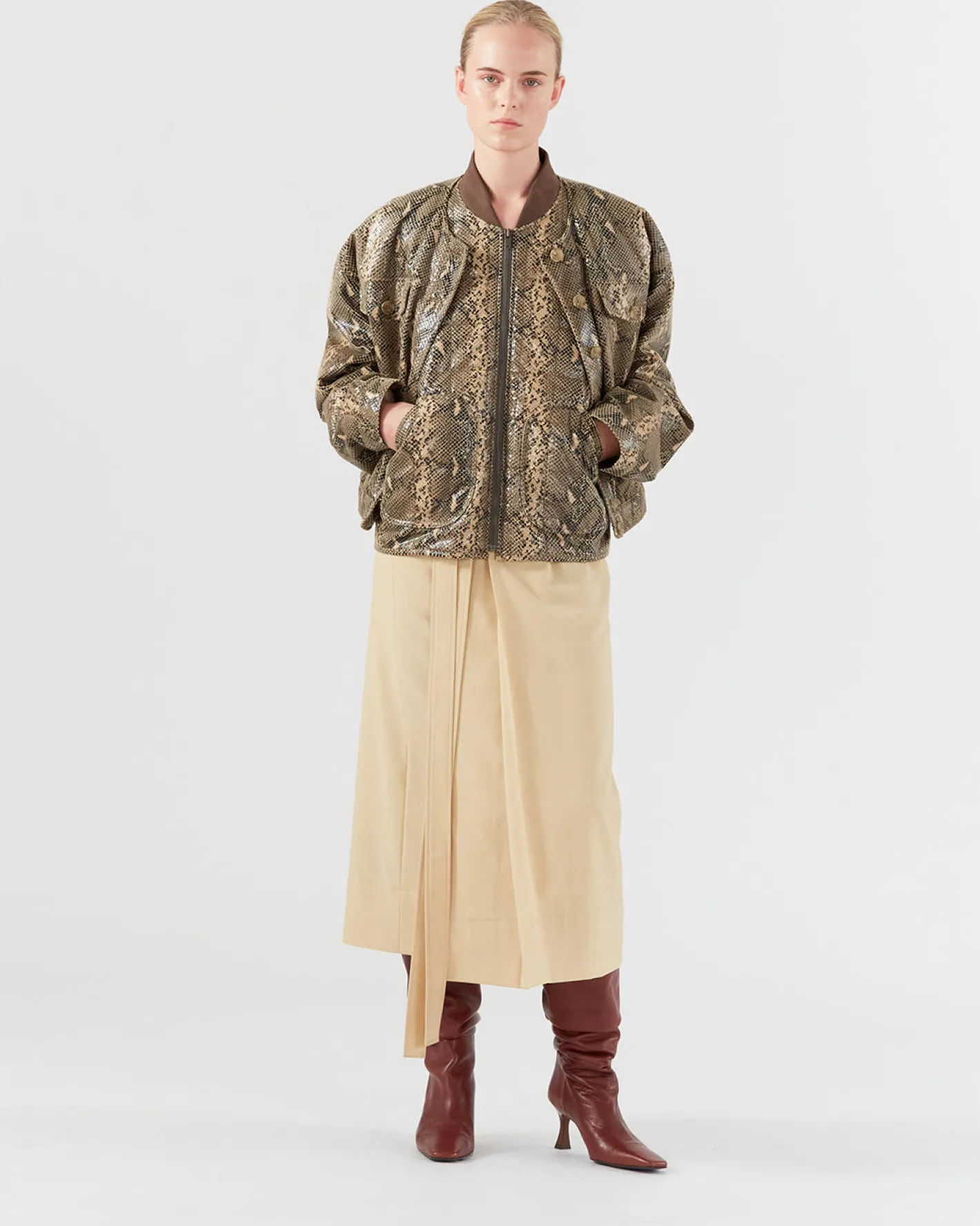 Hot Wells Bomber Jacket Faux Leather Snake Effect Beige Jackets | Jackets