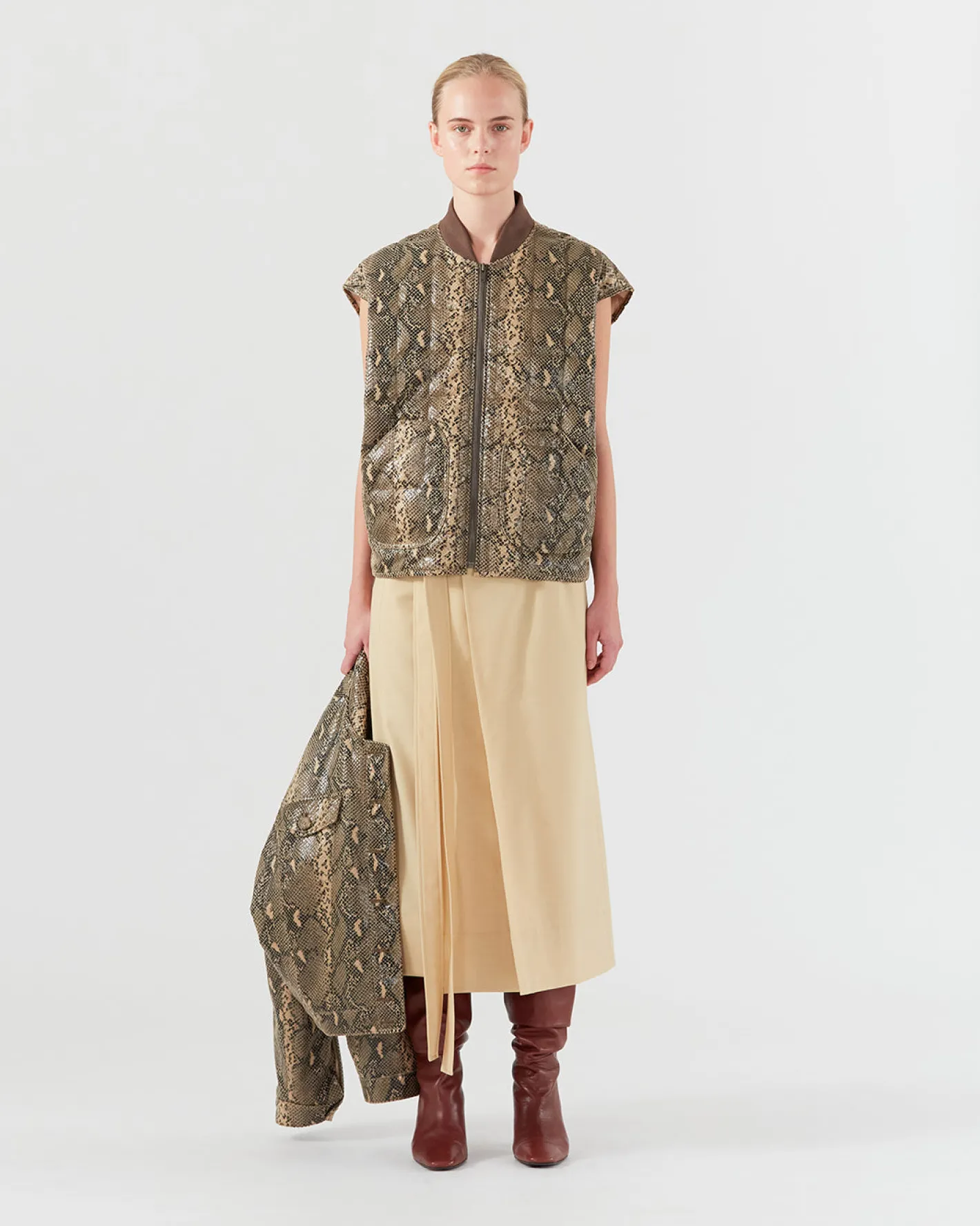 Hot Wells Bomber Jacket Faux Leather Snake Effect Beige Jackets | Jackets