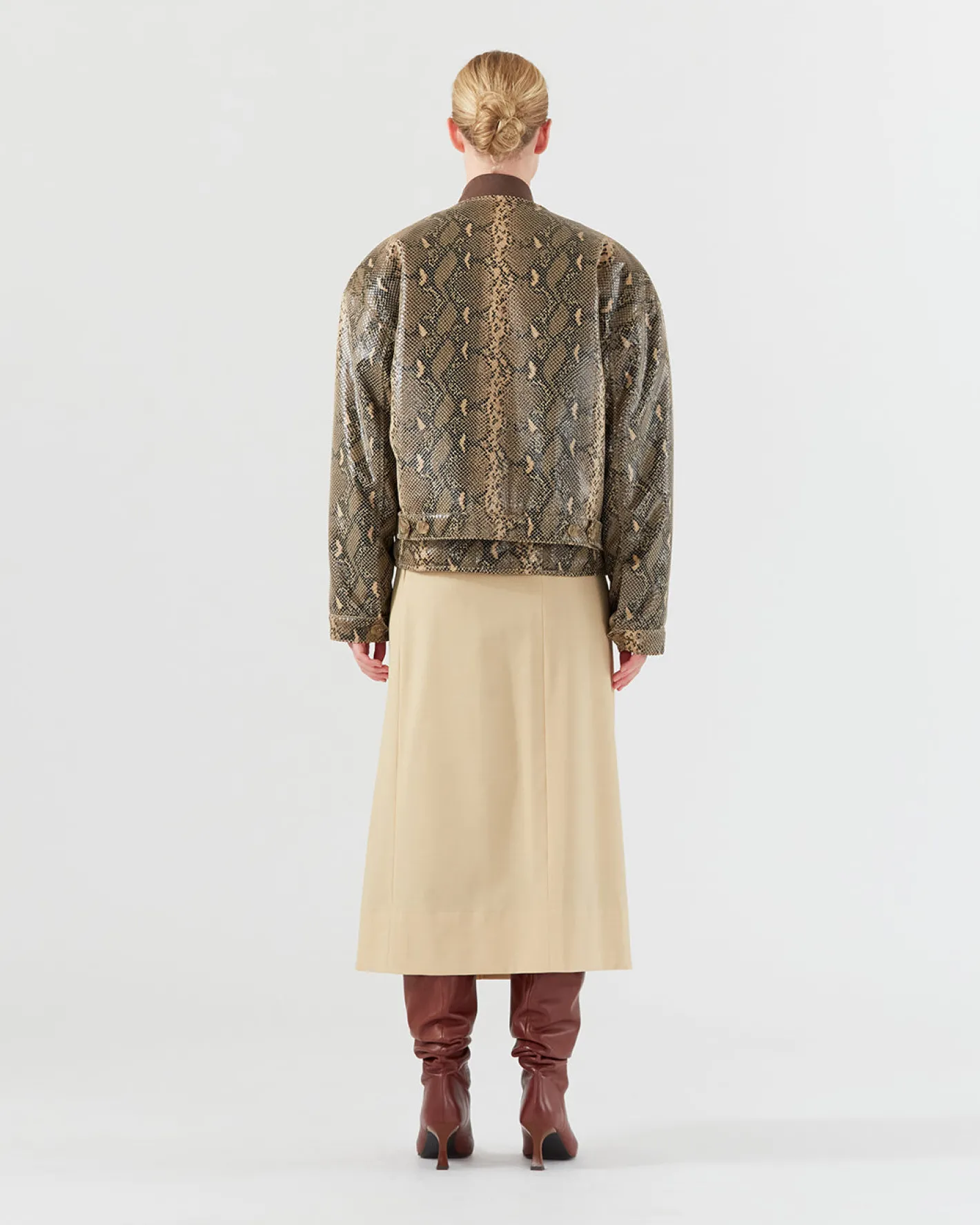 Hot Wells Bomber Jacket Faux Leather Snake Effect Beige Jackets | Jackets